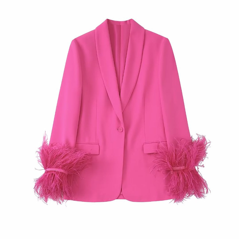 Beatrice | Blazer con plumas rosas