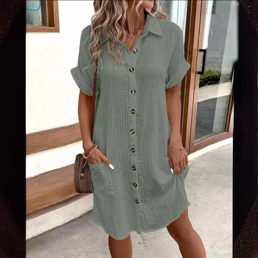 Alzira™ | Vestido Camisero de Lino con Botones y Bolsillos