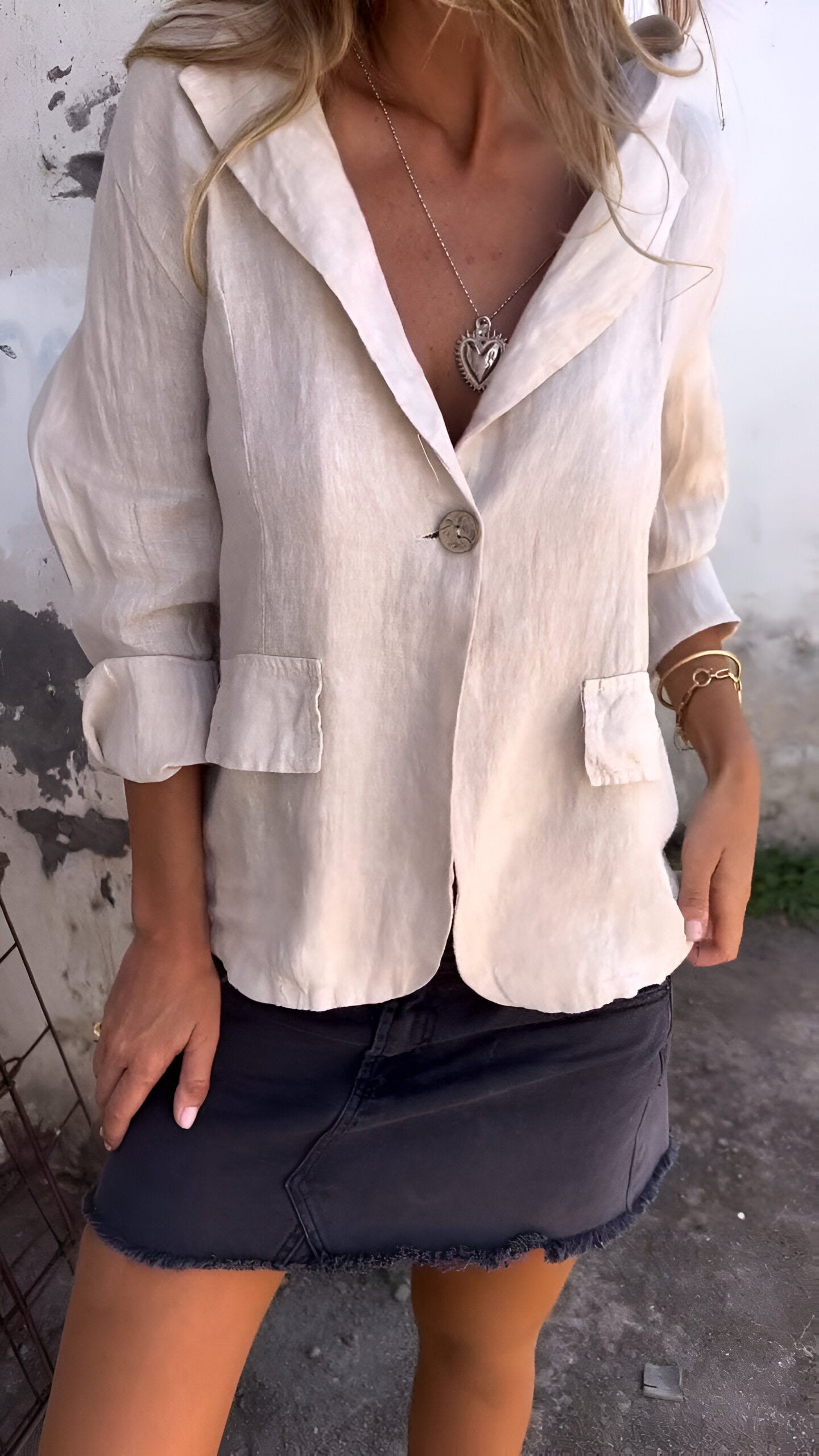 Blusa Informal con Solapas de Algodón y Lino